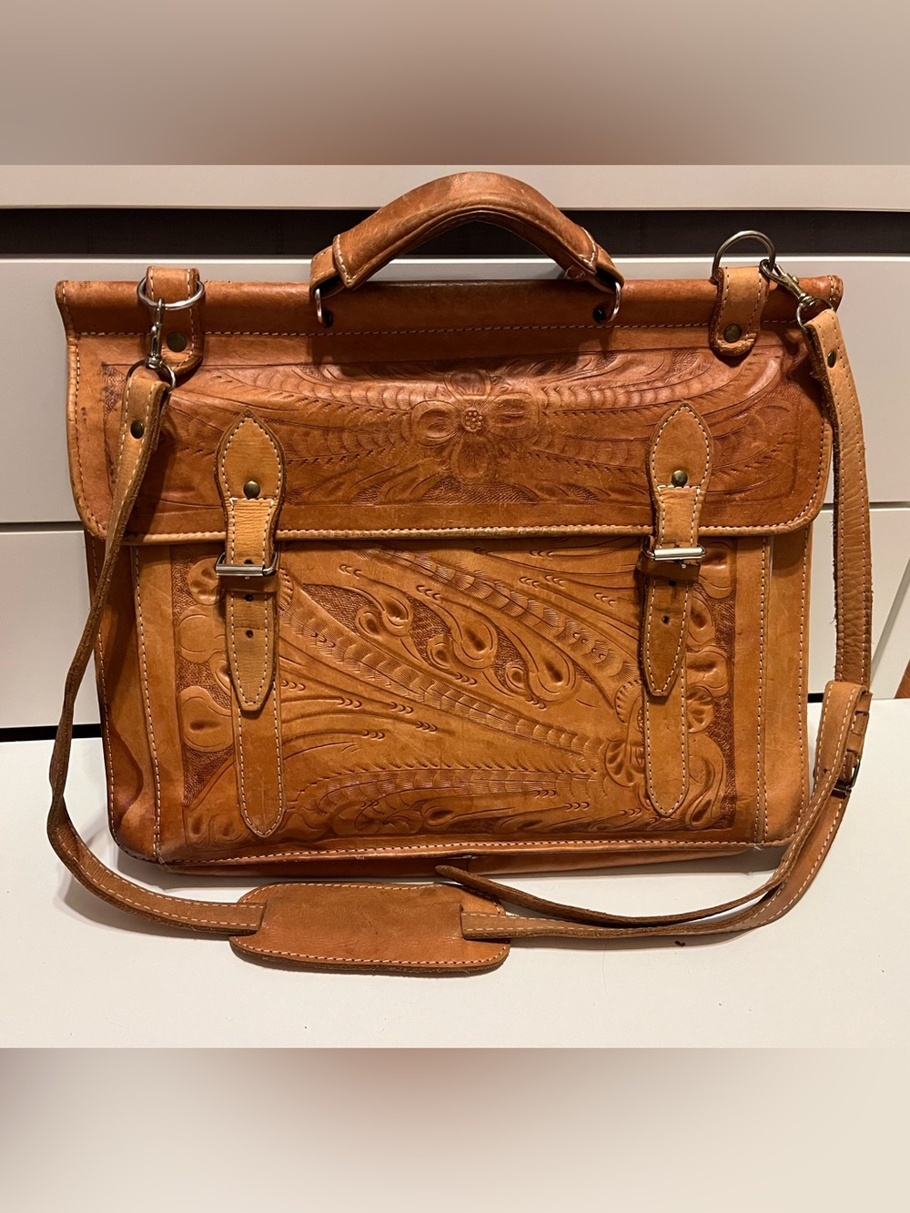 Hand-Tooled Leather Satchel Bag in Tan